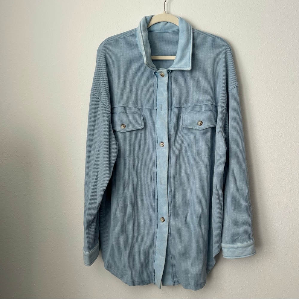 Sky Blue Waffle Knit Pocketed Button-Up Shacket - Picture 13 of 16